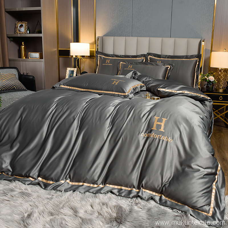 Luxury Logo embroidery solid Washed silk bedding set