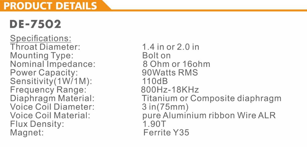 DE-7502 3" titanium compressie PA aduio driver unit HF driver