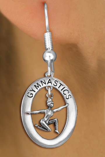 Lead, Cadmium, & Nickle Free "Gymnastics" Open Oval Floor Posed Gymnast Charm Earring