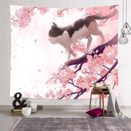 Sakura Tapestry Flower Cat Cherry Blossoms Wall Hanging Nature Spring Wall Tapestry for Livingroom Bedroom Home Dorm Decor