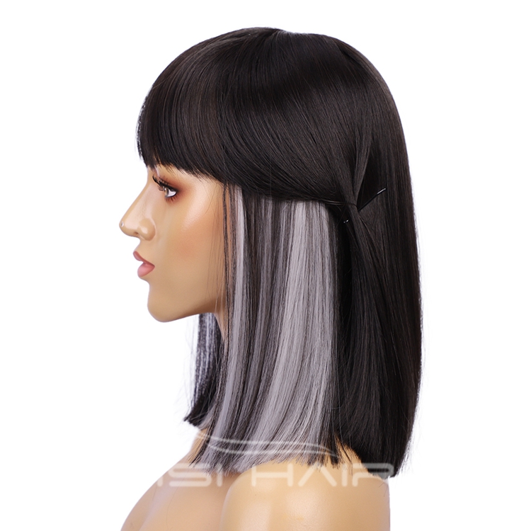 Hot sell Black White Natural Straight Hair Wigs for Black Women Synthetic Wigs with Bang Middle Part Heat Resistant Wig