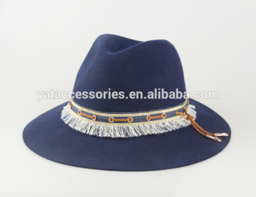 New style women's navy color 100% wool felt hat, fedora hat with tassels trimming