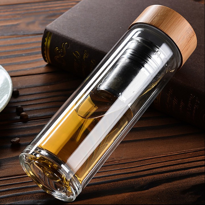 Custom 500ml bamboo lid double wall borosilicate glass tea fruit infuser filter water bottle