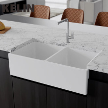 White Double Bowl Farmhouse Ceramic Kitchen Sink with Apron Front
