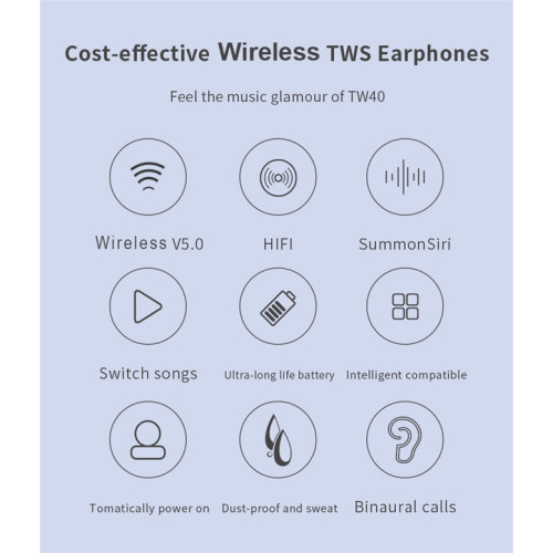 Écouteurs intra-auriculaires stéréo sans fil TW40 HIFI True