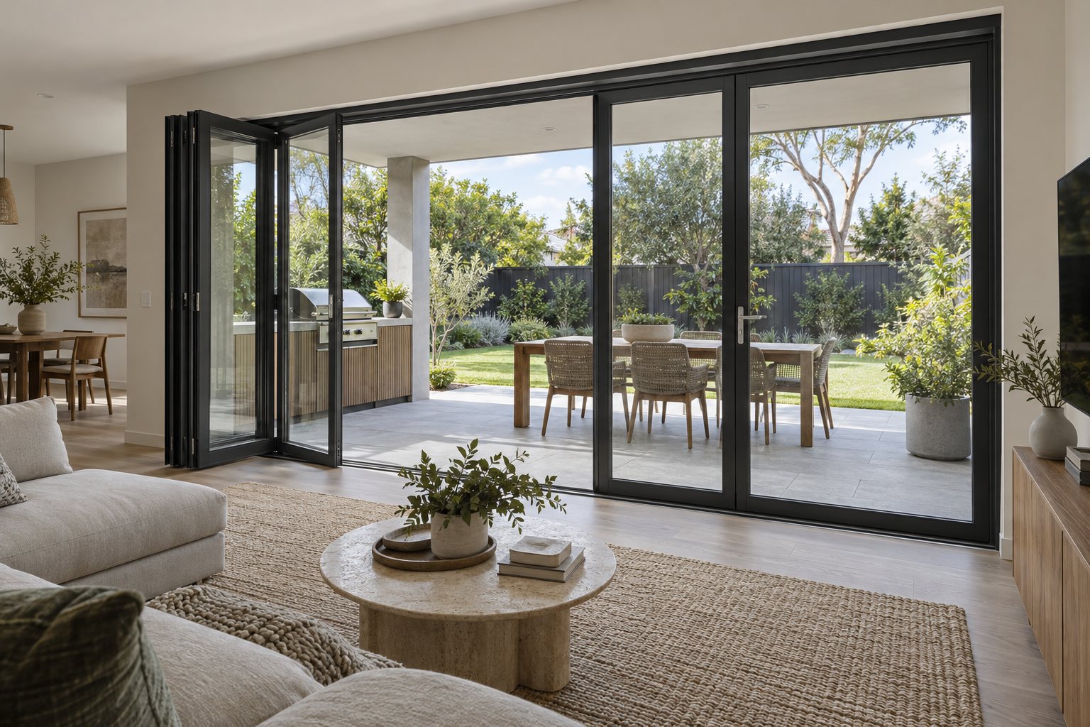 Modern bifold door layout with a realistic folded panel stack Contemporary aluminium bifold doors opening a modern Australian living room to a covered patio