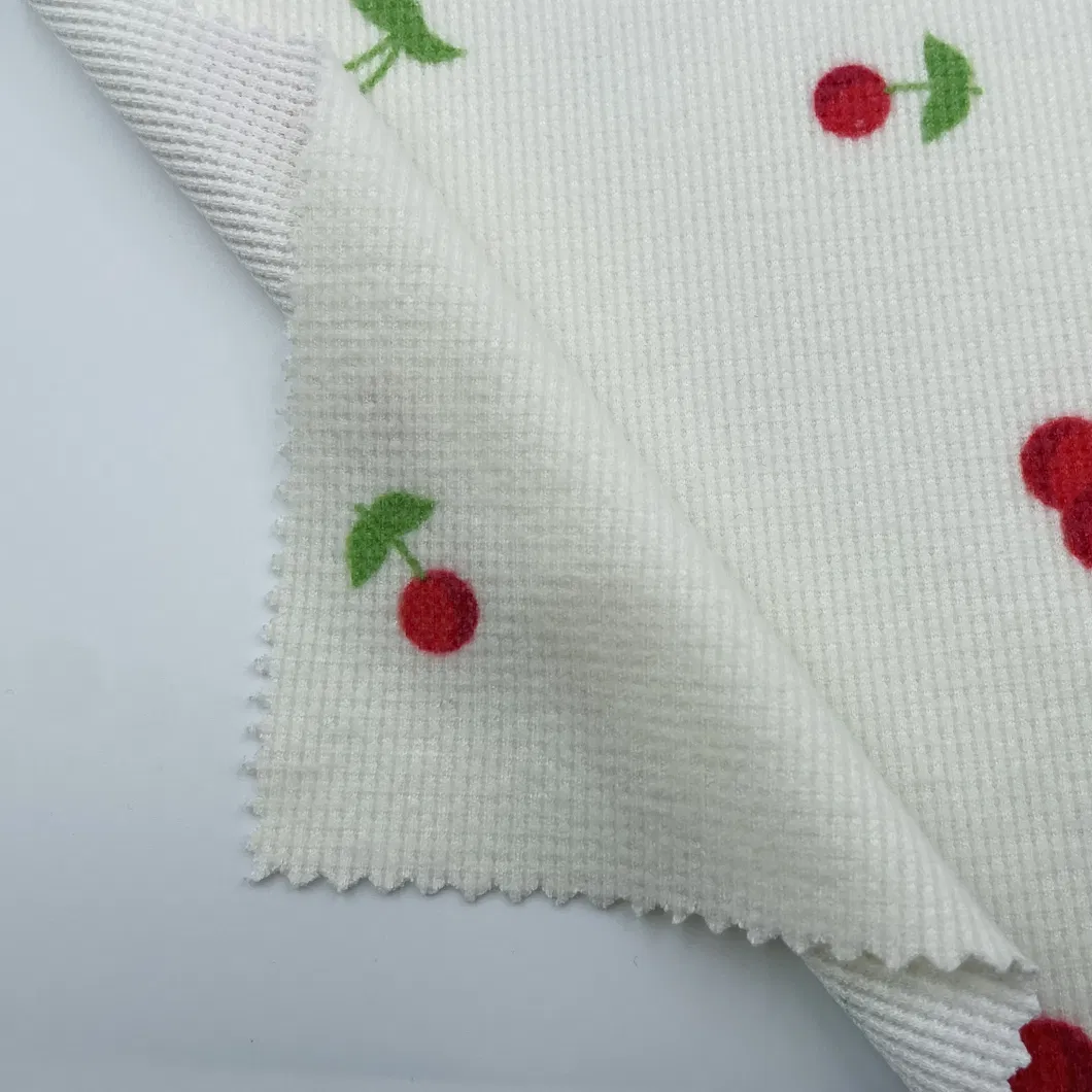 แปรงหน้าพิมพ์เชอร์รี่น่ารัก DTY ผ้าสแปนเด็กซ์วาฟเฟิลถักผ้าสำหรับตัดเย็บเสื้อผ้า