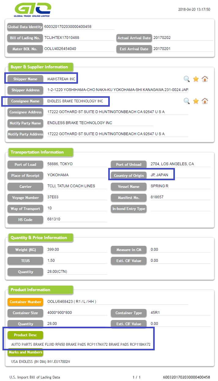 Piduriklotsid-USA Import B / L andmed