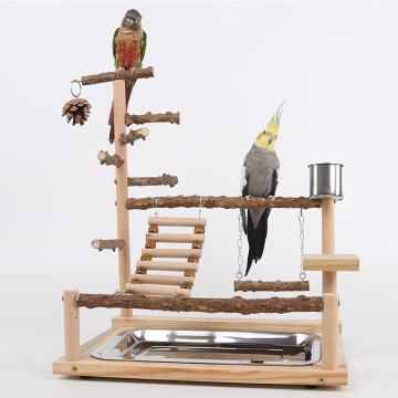 Natural Wood Bird Perch Playground with Feeding Cups