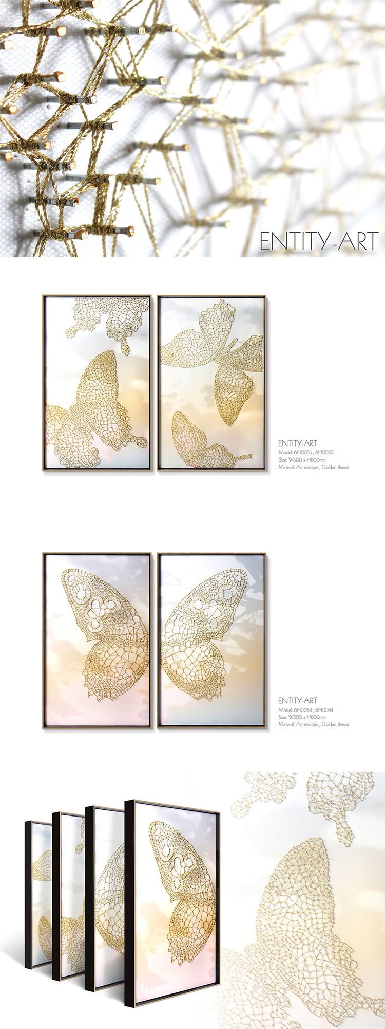 Creative design 100% Handmade Fabric nail painting artwork living room decoration 3D Gold butterfly wall art home decor
