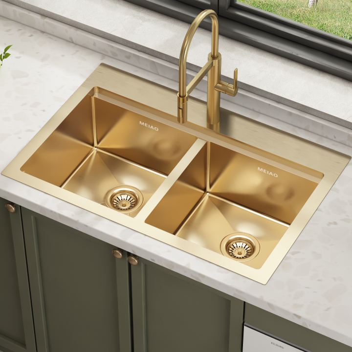 Golden Topmount Double Bowl Above Counter Kitchen Sink