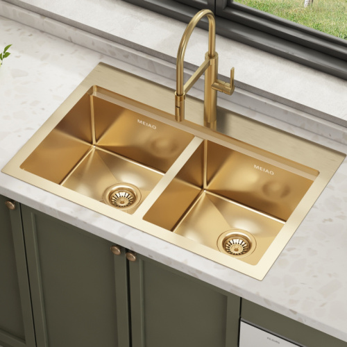 Golden Topmount Double Bowl Above Counter Kitchen Sink