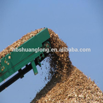 conveyor belt accumulates the freshly hacked wood chips to mountains