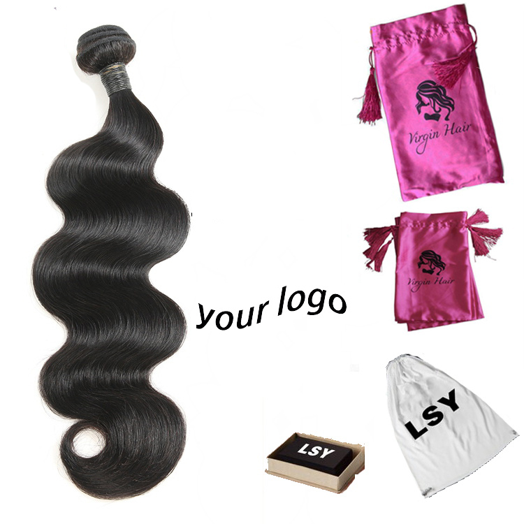 Custom hair labels/wraps/tags extension Packaging for bundles,Custom package Drawstring satin silk bag for hair extension bundle