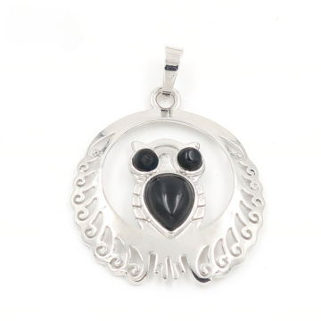 Black Obsidian Waterdrop Cabs Silver Owl Pendant