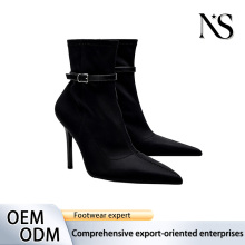 Black Satin Pointed Toe Stiletto Sock Boots