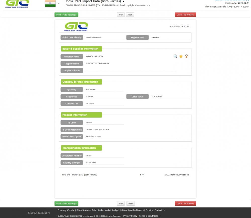 Aspartame Powder India Import Data Sample.