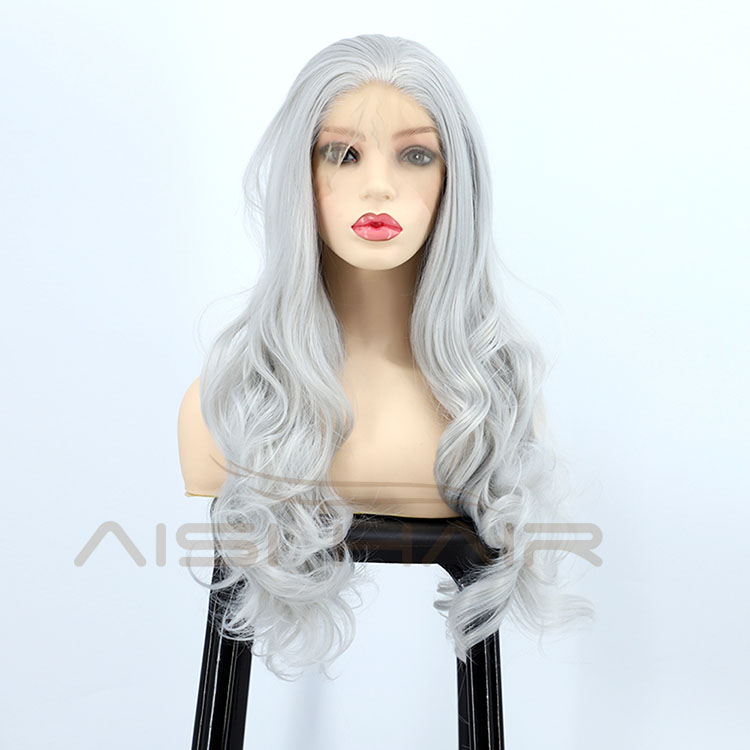 Aisi Hair New Design Vendor Cosplay Curly Long Wavy Body Wave Grey Lace Frontal Synthetic Hair For Black Women Lace Front Wig