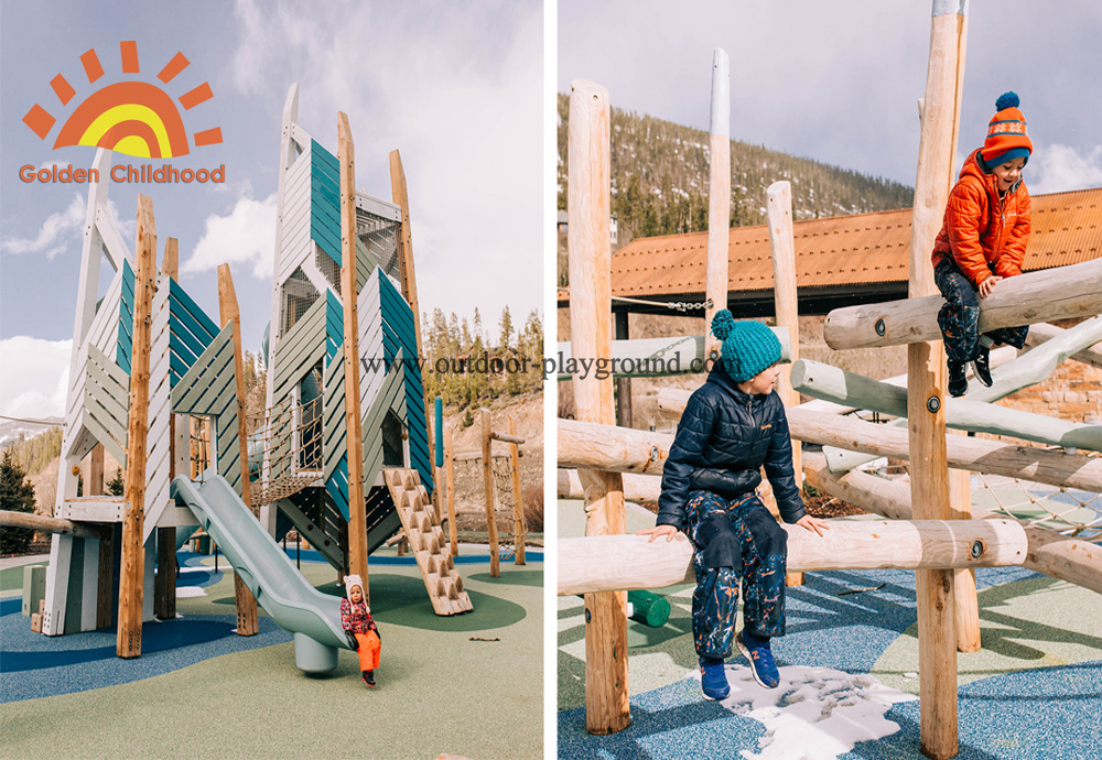 wooden climbing playground towers with slide