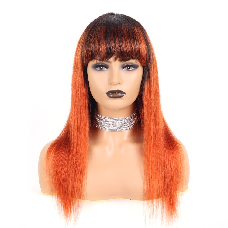 Wholesale Straight 1b/orange Color Wig Brazilian Remy Hair Human Hair Wigs For Women Ombre Color Full Machine Made Wig With Bang