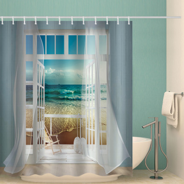 Window Beach Sea Wave Flowing Curtain Waterproof Shower Curtain Bathroom Decor