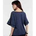 Top a mezza manica con design a camicetta svasata con scollo a O in chiffon