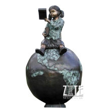 Life size metal children statue bronze girl sitting globe sculpture