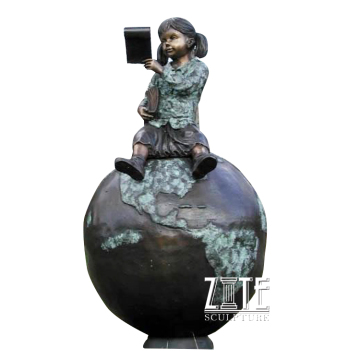 Life size metal children statue bronze girl sitting globe sculpture