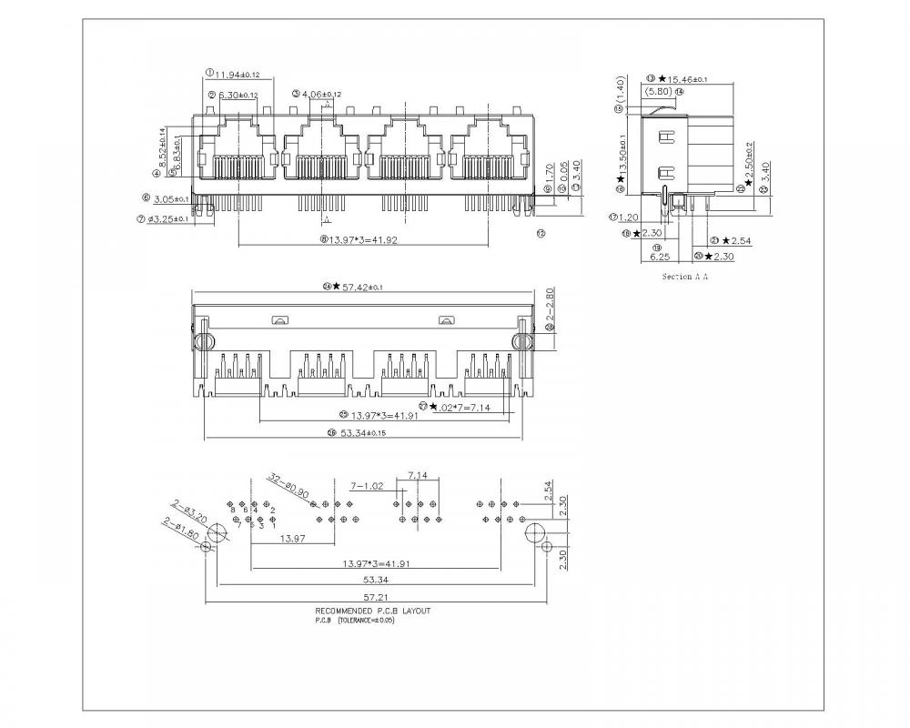 RJ45 Jack Side -Eintrag, halb abgeschirmt 1x4p