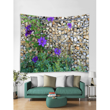 Cobblestone Wall Tapestry Purple Flowers Tapestry Wall Hanging Polyester Print Tapestry for Livingroom Bedroom Home Dorm Decor