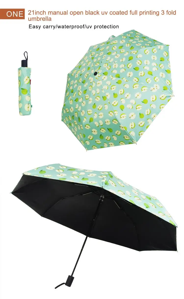 Full Printing Apple Pattern UV Coated Unique Compact 3 Fold Umbrella for Women