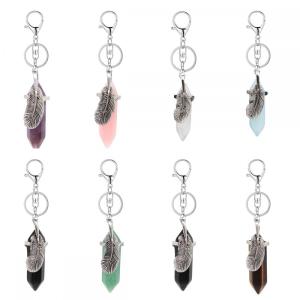 Stone Natural Hexagonal Prism Silver Peuat Key Chain Gemstone Stone Hexagon Guérisse Point Chakra Anneau clé Crystal Chift Clèches