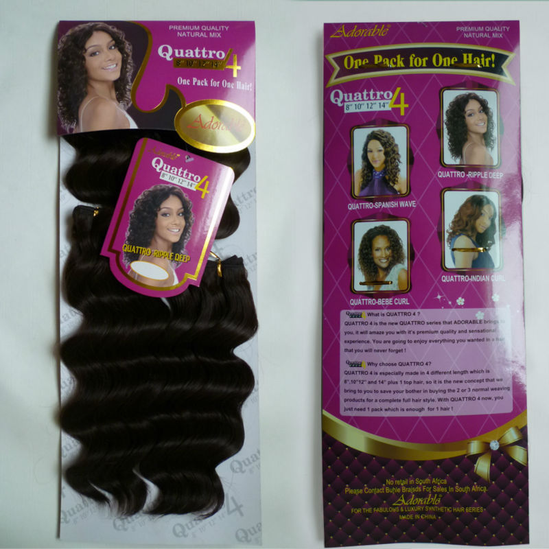 Adorable hair, 4 different size indian synthetic deep curly hair weft, Quattro Ripple deep wave hair weave with fringe