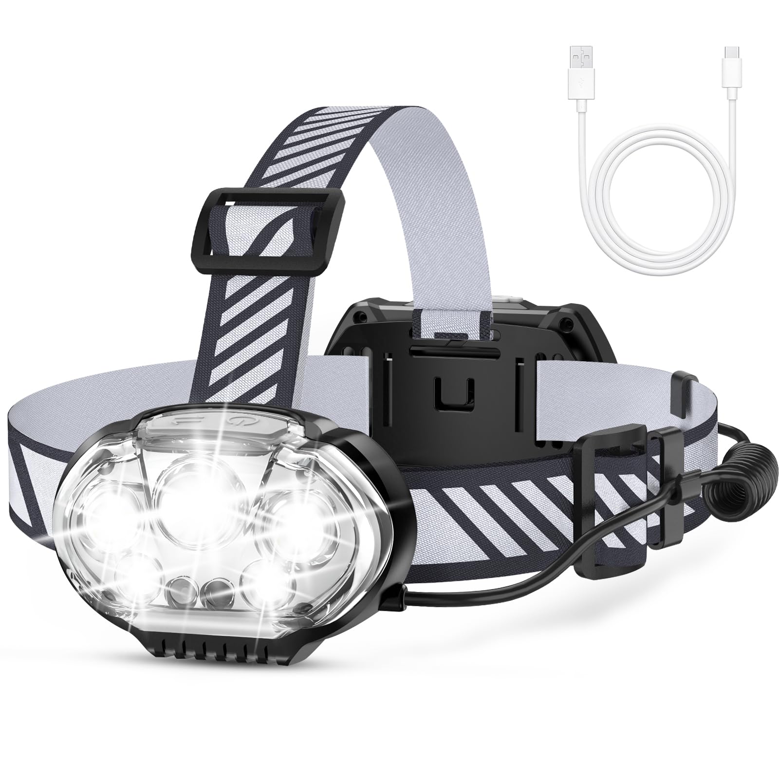 USB Rechargeable  High Lumen Super Bright 5 Led Light Beads 90 Rotation Headlamp for Emergency Outdoor Fishing Hiking Camping
