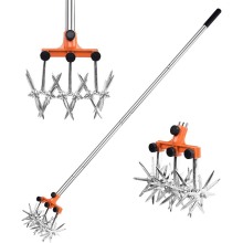 Rotary Cultivator Tool Adjustable garden Hand Tiller with Stainless Steel Pole for Soil Mixing or Reseeding Grass