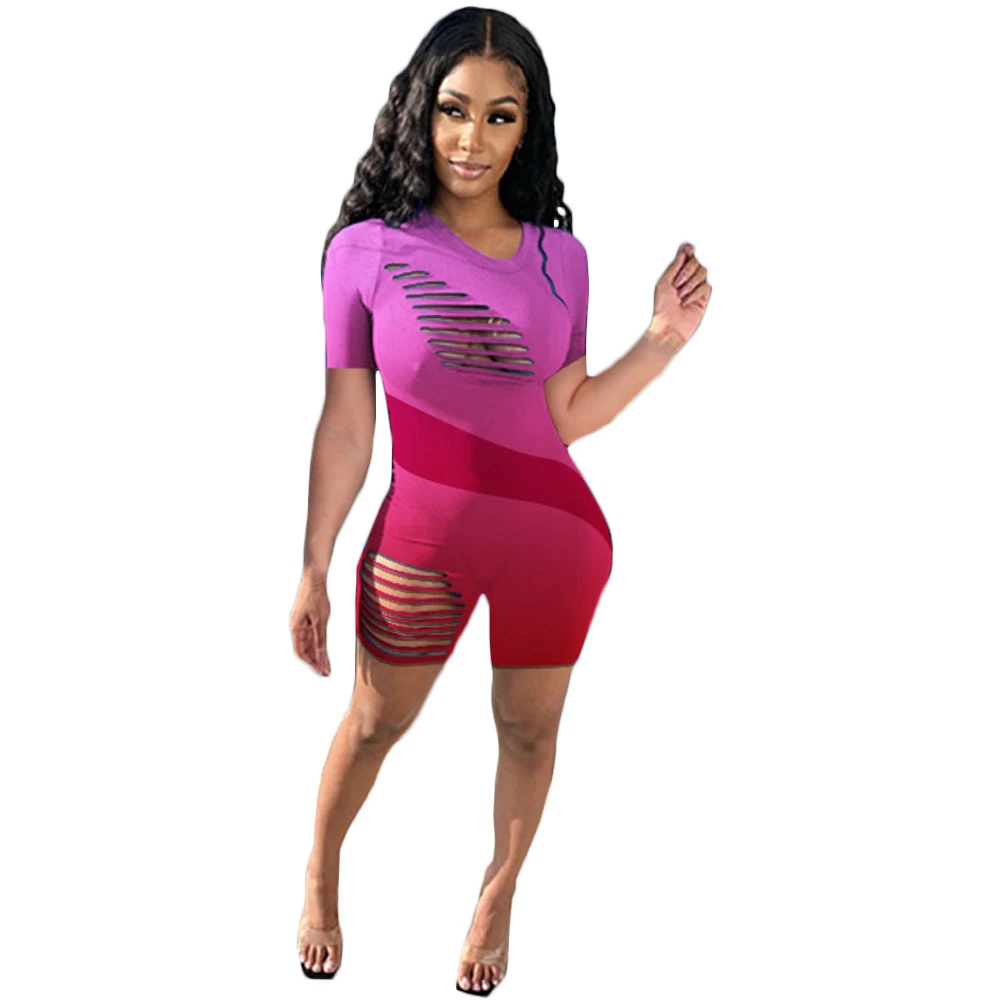 2021 Summer New Arrivals Gradient Color Sexy Holes Short Sleeve Bodycon Jumpsuit for Women