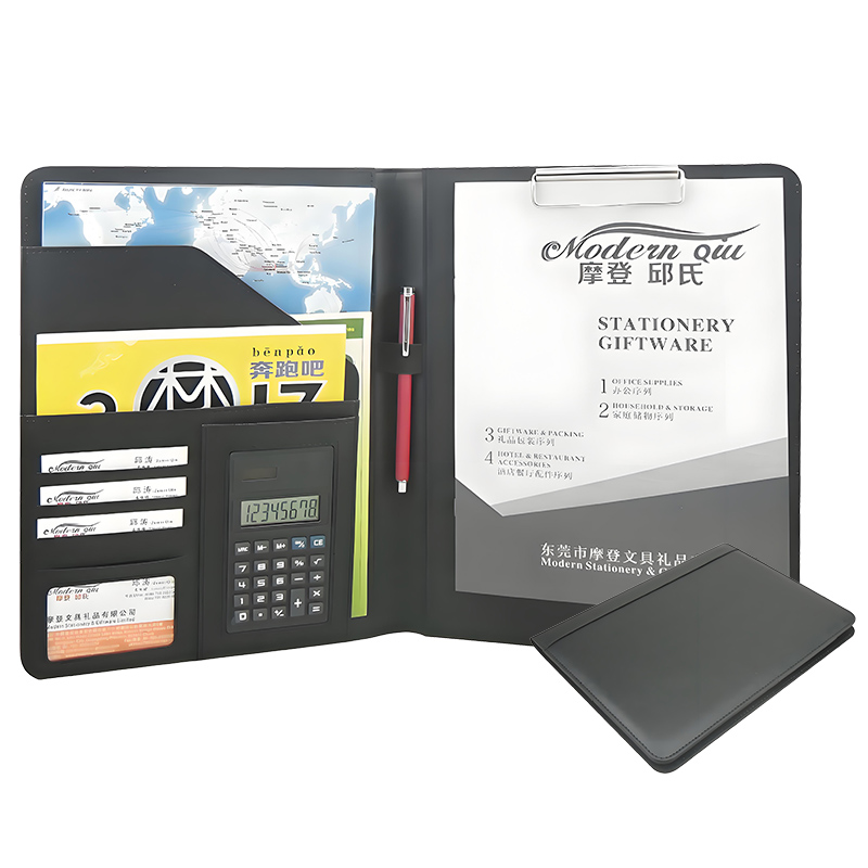 Modernqiu Custom Logo A4 Leather Briefcase File Folder with Calculator Business Portfolio for Office Use