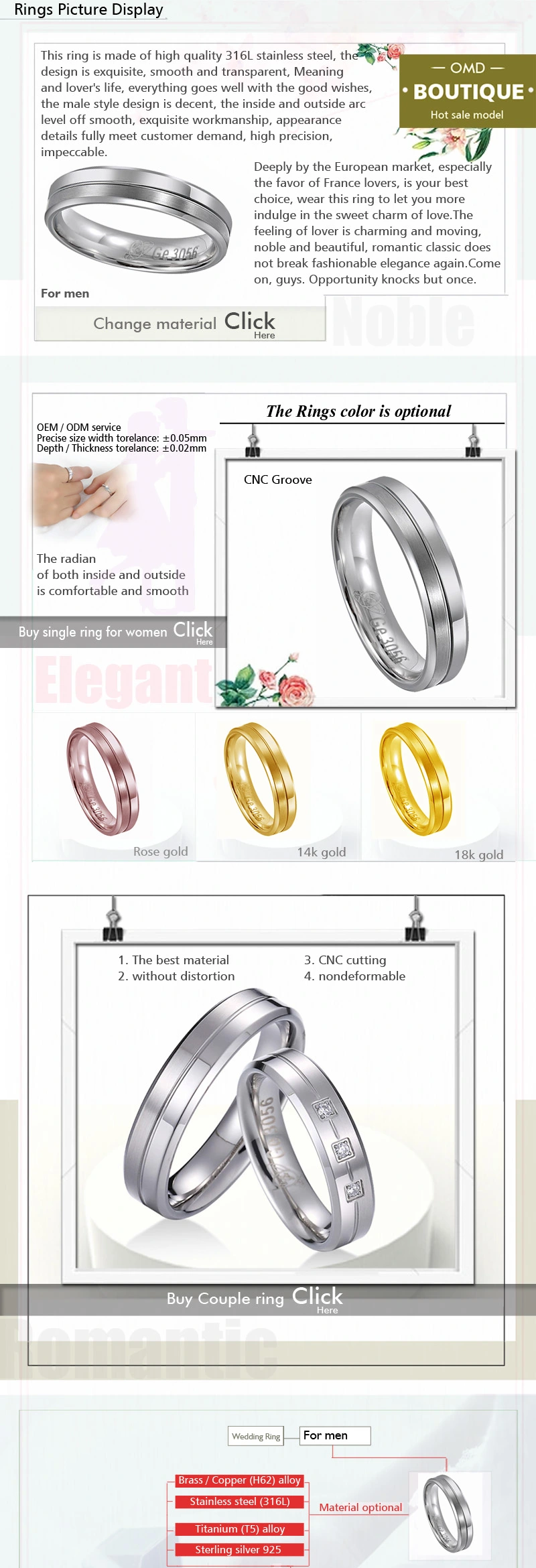 OEM/ODM Metal Ring Factory Wedding Flower Stainless Steel Wedding Band