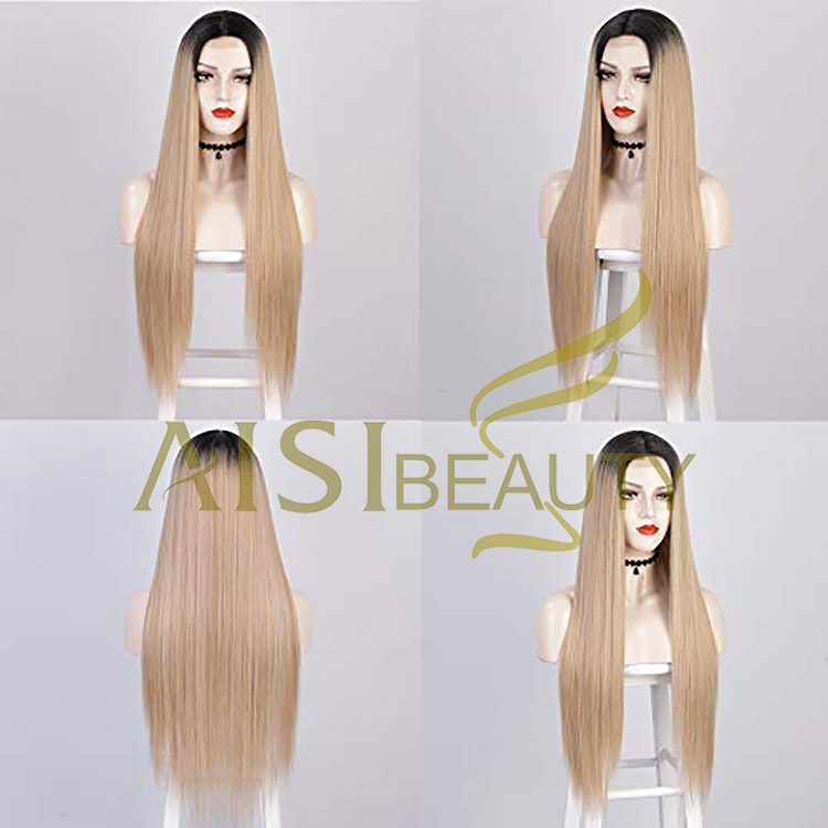 Aisi Beauty Vendor Cheap Party 26 Inch Long Straight Ombre Blonde Wig Swiss Lace Synthetic Hair For Black Women Lace Front Wig