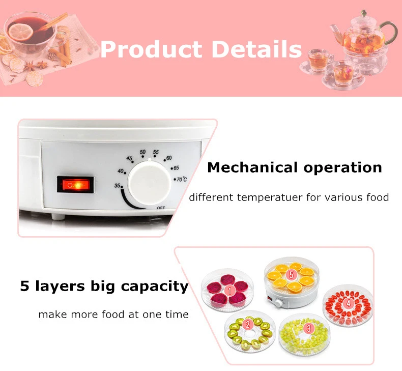 Wholesales 5 Trays Home Use Small Food Dehydrator/Fruit Dryer/ Food Dryer, Adjustable Temperature Vegetable & Fruit Dehydrator