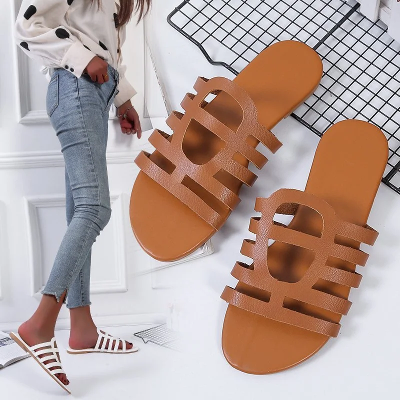 Wholesale Set Toe Plus Size Lady Sandal Comfortable Summer Flat Sandal Shoes Womens Plain Black Slide Sandals