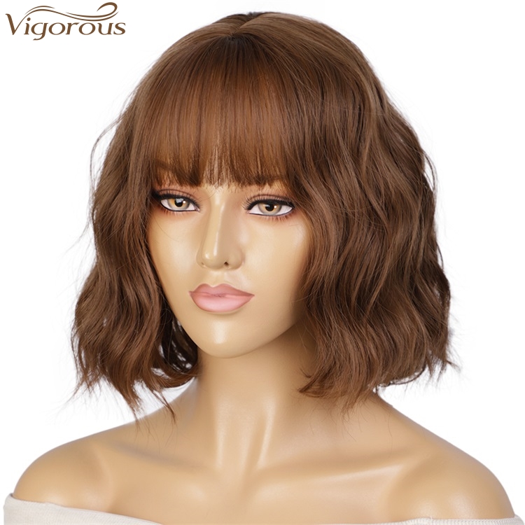 Vigorous Fashion Girl Natural Short Bob Brown Wig With Neat Bangs Synthetic Short Curl Wave Wigs Heat Resistant