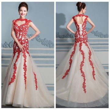 new design open back sleeveless lace long red long prom dress