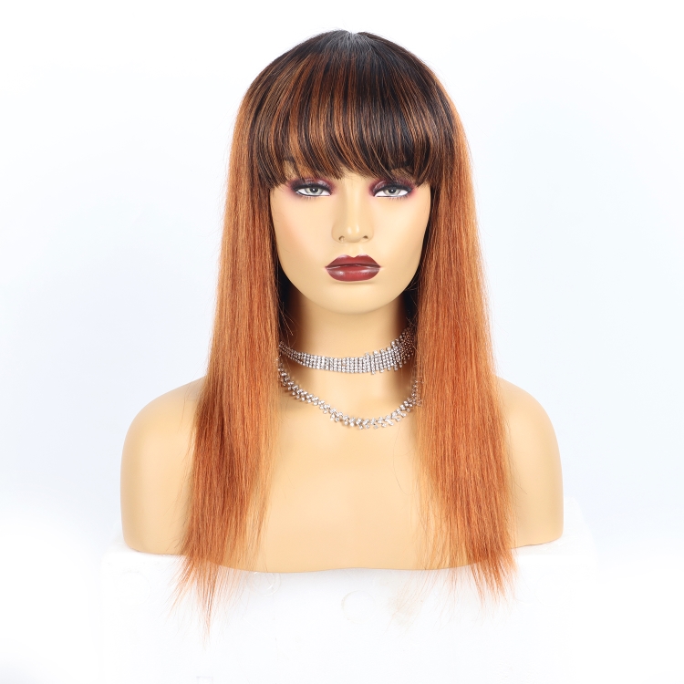 1B/30 Ombre Color 180% Density Brazilian Straight Human Hair Wigs With Bangs Remy Full Machine Made Human Hair Wigs For Women