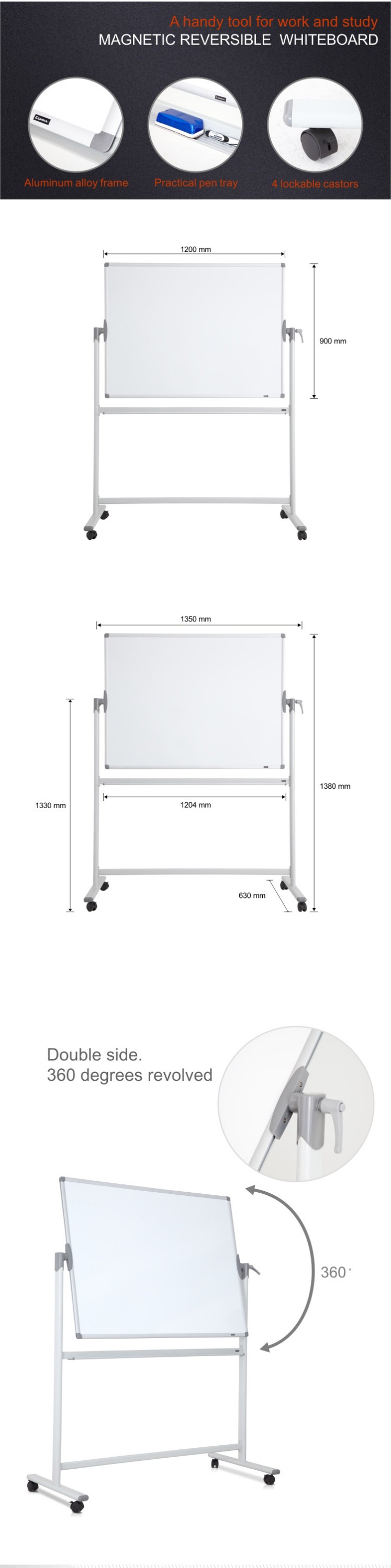 Comix High Quality 360 Degrees Reversible Office Mobile Magnetic Whiteboard with Stand