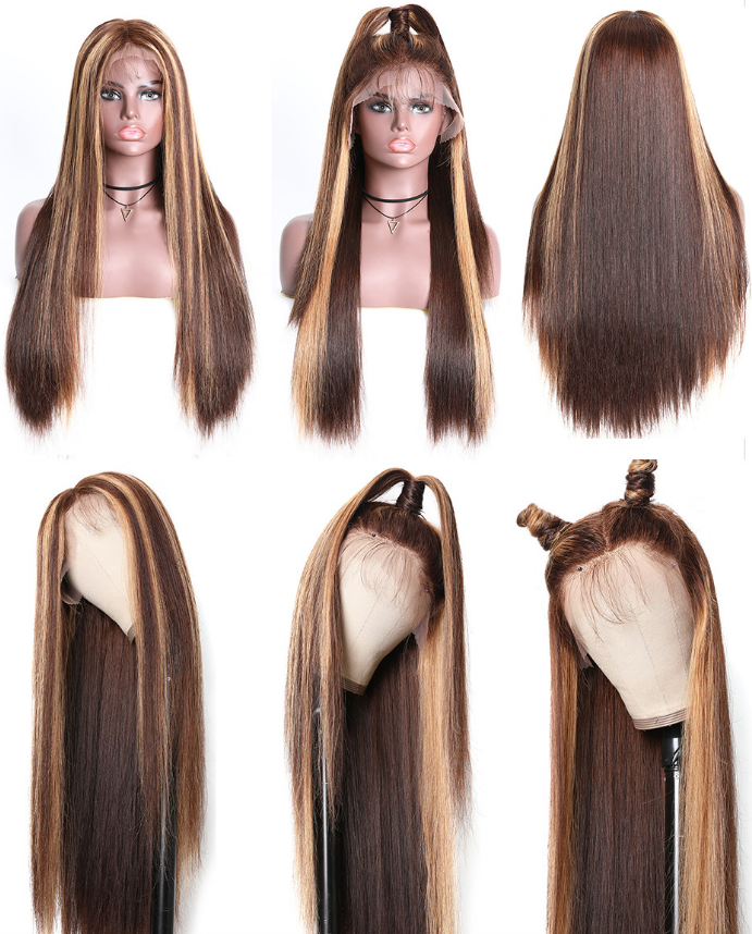 Human Hair Wigs With Lace Frontal Blonde Brown Highlight Mix Color Custom Wig, Private Label Personal Design Wig