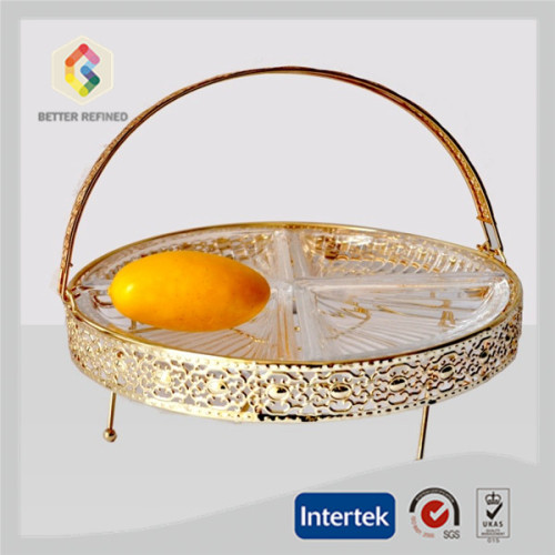 Fruit glass plate with gold metal handle