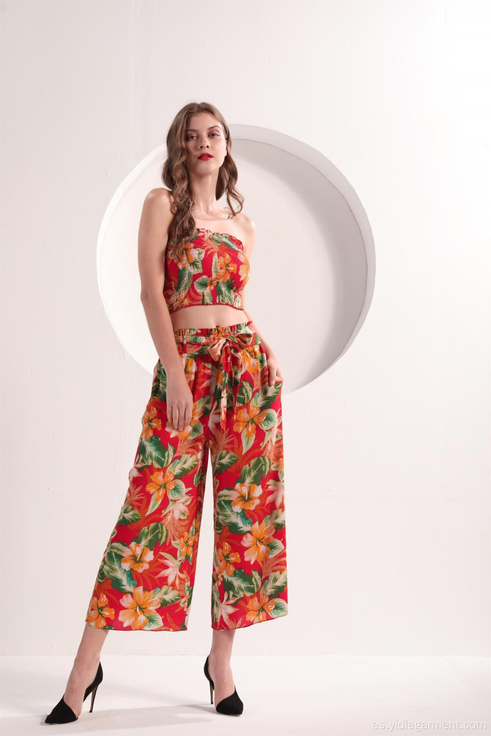 Pantalones anchos de cintura alta con estampado floral para mujer