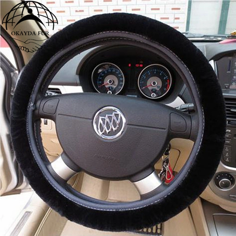 Black Color Rubber Lining Sheepskin Car Steering Wheel Cover