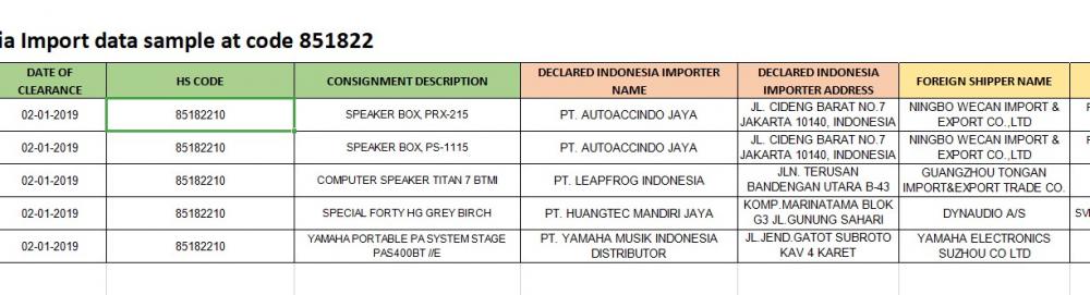 Mẫu dữ liệu nhập INDONESIA tại loa mã 85182210